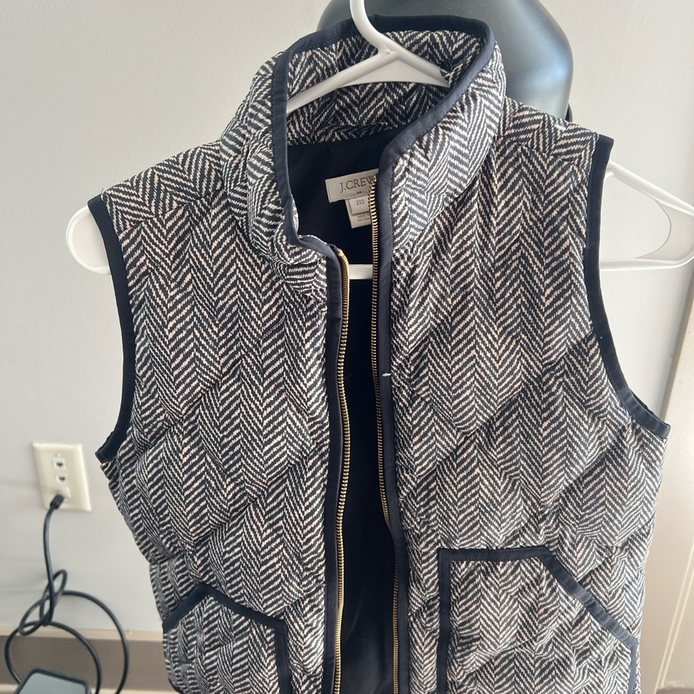 J. Crew Black and White Herringbone Vest with Down